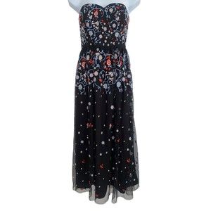 Modcloth Black Floral Tulle Embroidered Midi Strapless Dress Women's Size Small